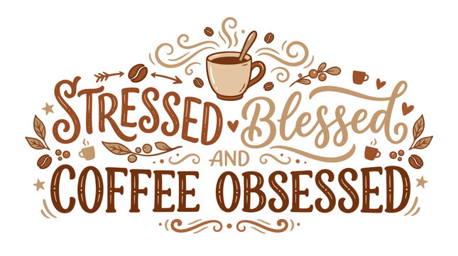 Stressed, Blessed, and Coffee Obsessed Typography with Coffee Elements