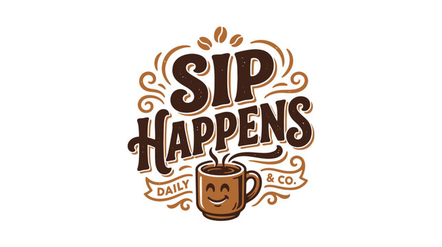 Sip Happens Daily Coffee Mug with Smiling Face and Coffee Beans, Vector Illustration
