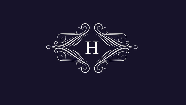 Ornate white monogram design with the letter h in a classic style with decorative swirls on a dark navy blue background for branding.