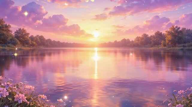 Peaceful lake at glowing sunset with pink flowers and dreamy pastel nature landscape scenery