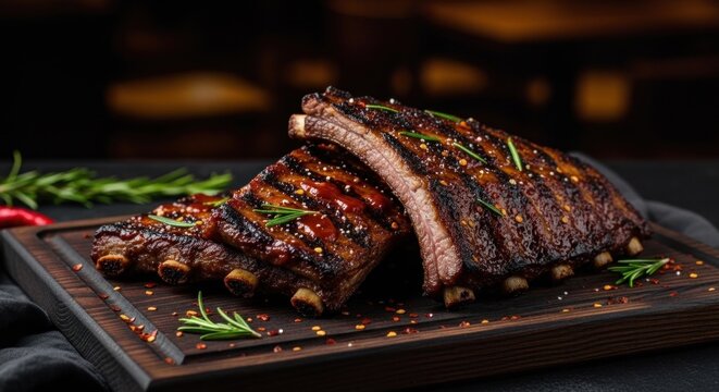 Two grilled ribs with a side of red and green peppers on a wooden cutting board with a dark background.