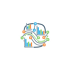 Obraz premium Colorful data analytics icon with bar charts and digital lines