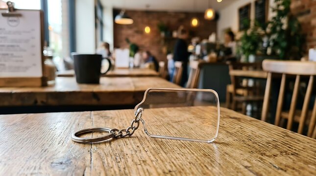 Clear rectangular acrylic keychain mockup on wooden cafe table, branding display element, promotional merchandise template