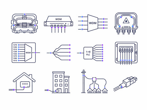 Fiber Optic Network Components and Infrastructure Essential Elements for High-Speed Telecommunications and Data Transmission Systems Showcasing Connectivity Solutions for Homes and Businesses. Fiber o