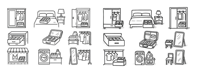 Fototapeta premium Home wardrobe icons with bed closet laundry outline