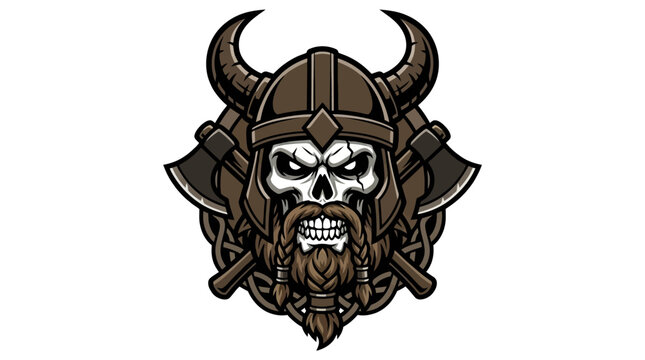 Skull Viking Warrior with Axes and Horned Helmet - Vector Illustration