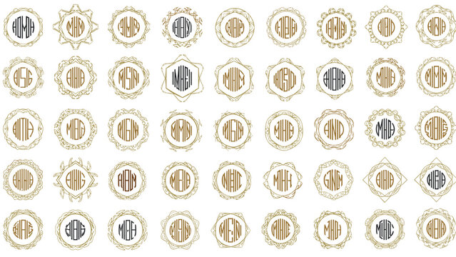 Large collection of many different circular and hexagonal monograms with golden decorative borders for branding identity.