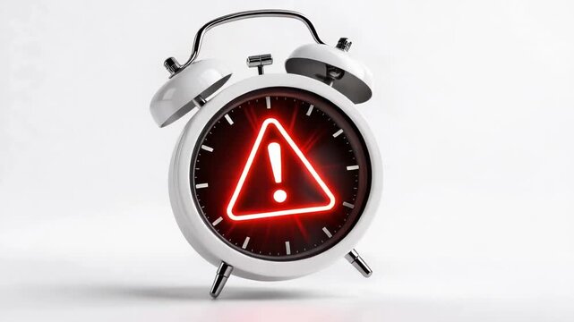 Alarm clock with glowing warning symbol isolated on white background in modern danger concept