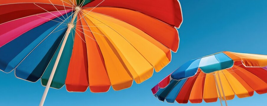Low angle view of two colorful beach umbrellas against a clear summer sky