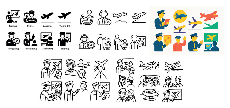 Aviation icons with pilot plane headset outline