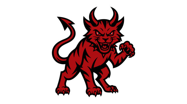 Fierce Red Devil Cat Mascot with Horns and Tail