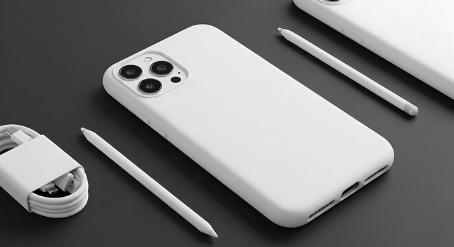 Blank white smartphone case with stylus and charging cable for product branding mockup on dark grey background