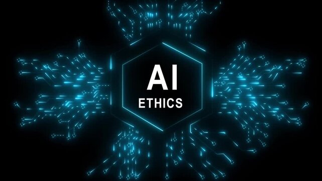 Glowing ai ethics emblem surrounded by digital networks and swirling black background 4k video...