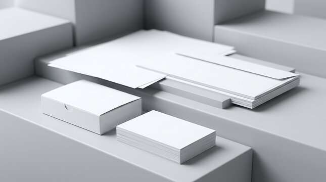 Blank stationery mockup featuring business cards and folders on 3D geometric gray platforms for corporate branding display