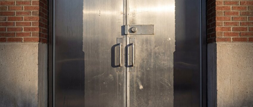 A modern metal double door with a sleek handle design and brick wall accent