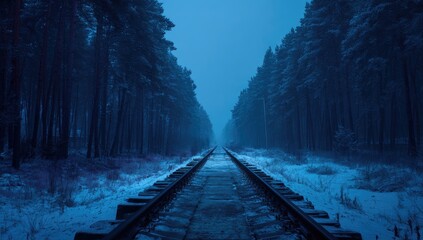 Fototapeta premium A lonely train track disappears into a dark, snowy, and frosted forest