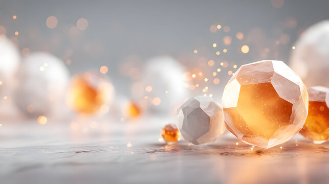Hovering matte white geometric nodes emitting synchronized amber aura