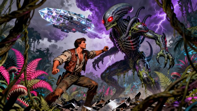 Man confronts alien in jungle