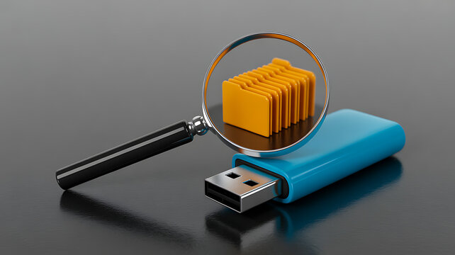 Usb flash drive data analysis concept with magnifying glass and chart