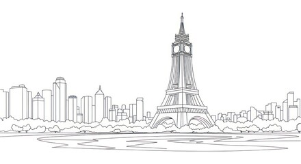 Naklejka premium Minimalist city skyline with iconic tower landmark line art