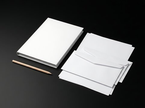 Blank stationery mockup featuring notebook stack envelope and wooden pencil on black background for corporate branding