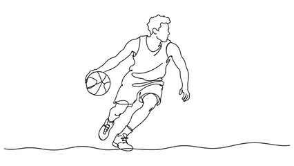 Fototapeta premium Dynamic continuous line drawing of a basketball player dribbling in action, representing sports, fitness, and athletic performance in minimalist