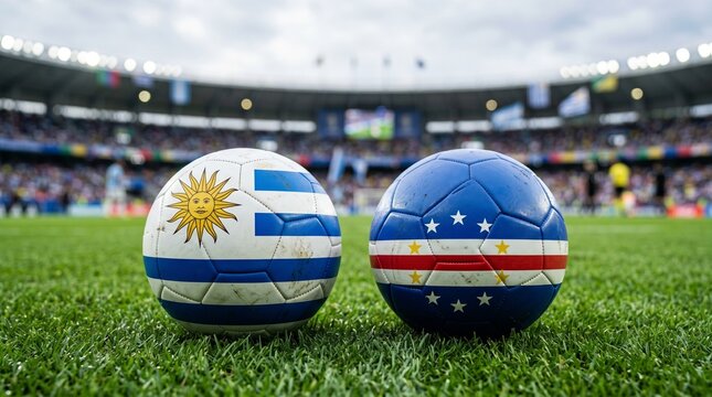 Two soccer balls with the national flags of Uruguay and Cape Verde side by side on a green grass pitch inside a crowded stadium during an international football tournament match
