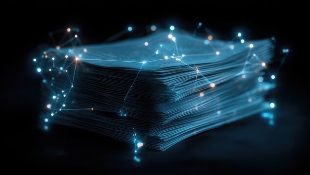 Stack of documents connected by glowing digital network