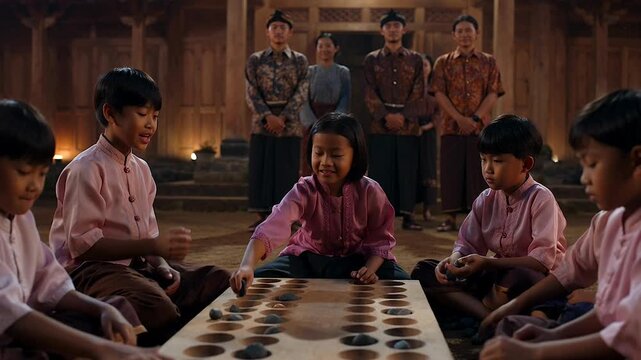 children playing outside with traditional costume and joglo  traditonal java house