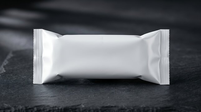 Blank white snack wrapper mockup on dark stone surface for branding presentation with copy space for food product design
