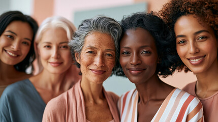 Fototapeta premium A diverse group of women with different skin tones and natural skin textures stand close together in a bright clean studio with soft pastel color blocks relaxed smiles minimal