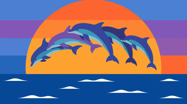 Dolphin Pod Jumping in Formation at Sunset