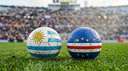 Fototapeta premium Two soccer balls with the national flags of Uruguay and Cape Verde side by side on a green grass pitch inside a crowded stadium during an international football tournament match