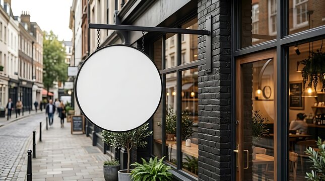 Signage hangs circular and blank outside a modern storefront on a quiet city pedestrian street.