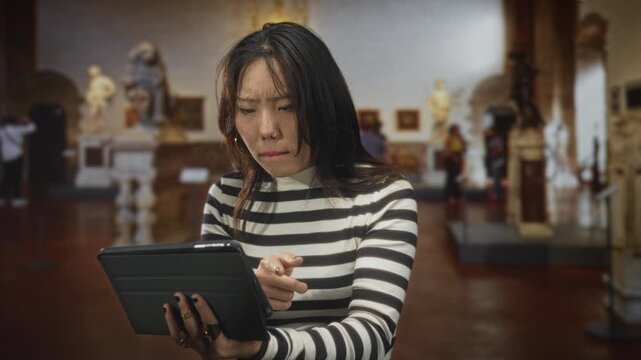 Woman points finger to tablet while holding the device in a museum gallery, lip bite and furrowed brow visible as she scrolls the screen; surprise curiosity.