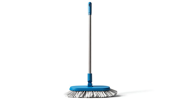 Modern blue mop with telescopic handle, cleaning tool isolated on white background, household chore equipment