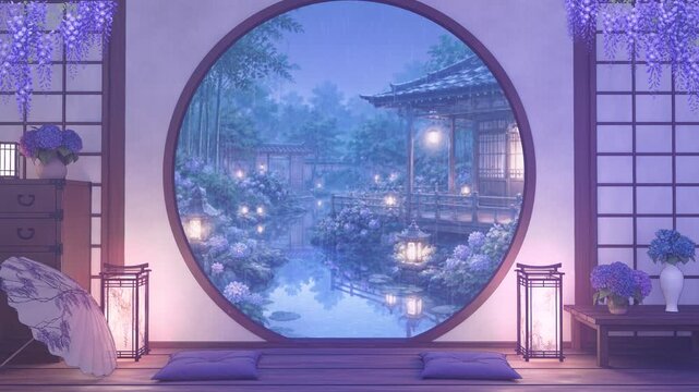 Rainy Japanese Garden Seen Through Round Window &ndash; Daytime Anime-Style Looping Background Video 4K