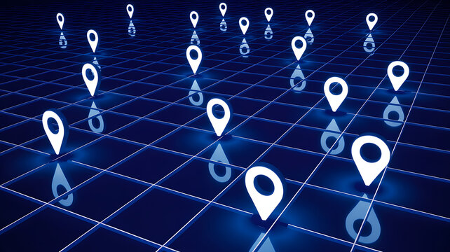 Digital location pin network concept on futuristic blue grid background