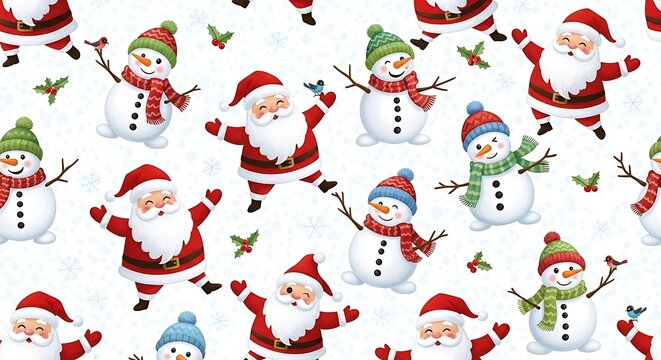 Seamless christmas pattern with jolly santa claus and snowmen