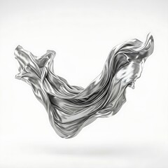 Fototapeta premium Folded silver metallic fabric floating like liquid in white space, soft shadows, luxury fashion visual 