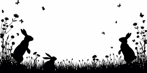 Bunny Silhouette Scene With Wildflowers And Butterflies White Background © Bipul