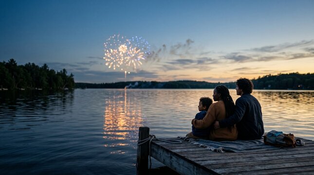 Family watching fireworks over a serene lake at dusk, a tranquil summer evening celebration, parents and child enjoying a beautiful night sky display, peaceful outdoor leisure activity.