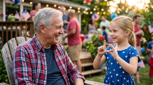 Joyful multi-generational family gathering outdoors, a happy grandfather and granddaughter sharing a moment, celebrating a summer holiday with patriotic decorations, backyard party