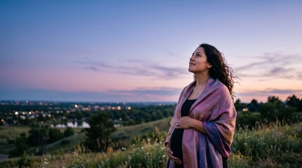 Fototapeta premium Serene pregnant woman embracing motherhood, standing on a grassy hill at twilight, looking up at the beautiful sunset sky, celebrating new life and anticipation.
