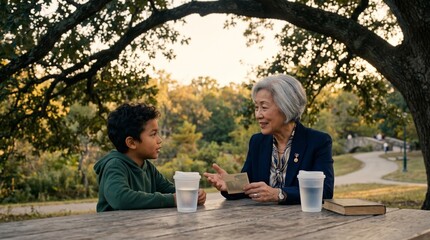 Fototapeta premium Elderly Asian woman and young boy sharing a moment, intergenerational connection, diverse family bonding, outdoor park setting, mentorship and storytelling, diverse community lifestyle