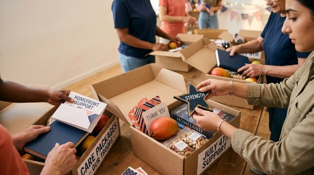 Community volunteers packing care packages, diverse group preparing donation boxes, charitable giving for social support, humanitarian aid and outreach program.
