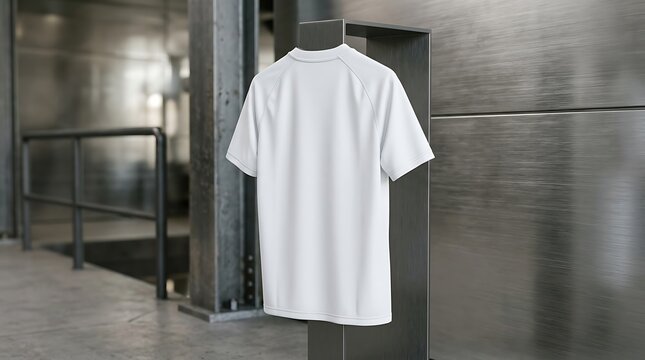 Blank white soccer jersey mockup hanging on modern industrial stand, sports apparel branding, team kit design, uniform display