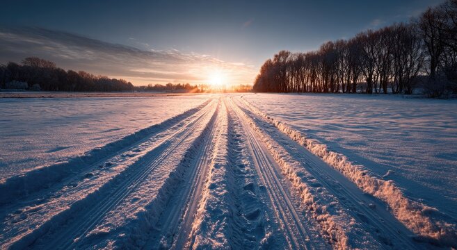 Sunlit ski tracks stretch across a snow-covered field towards distant trees