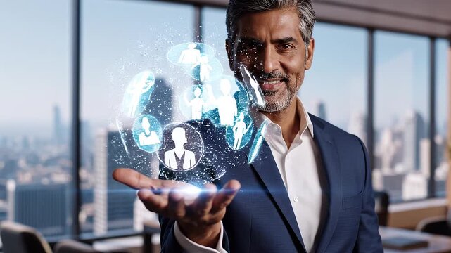Business professional in modern office holding glowing holographic network, interconnected icons radiating from central human figure, abstract visualization of leadership, innovation, and advanced dig