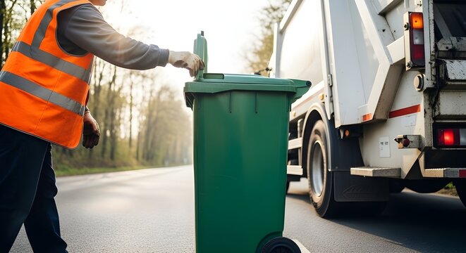 Sanitation worker in bright orange vest empties a green plastic bin into a garbage truck